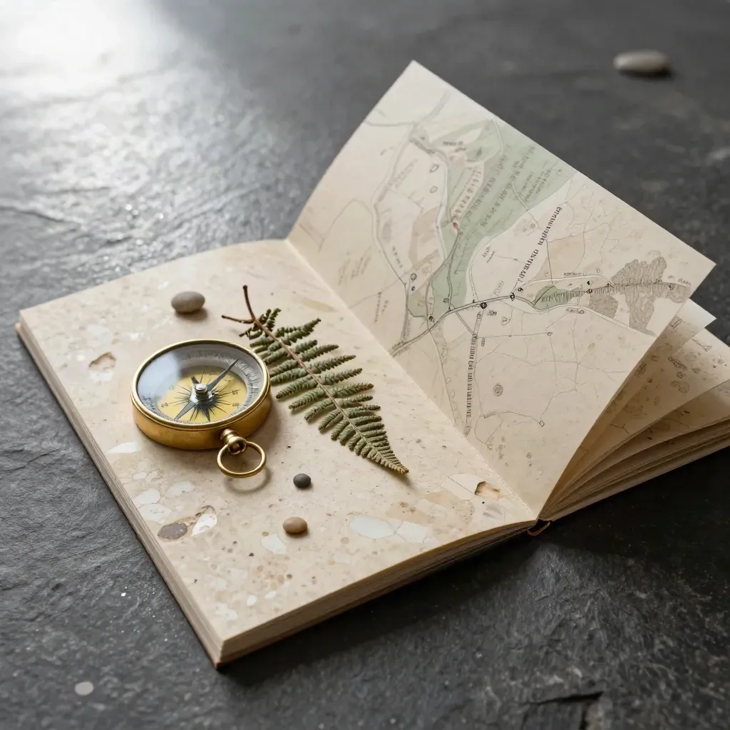 Libretto piegato con mappa umbra, felce secca, ciottolo e bussola su travertino bagnato
