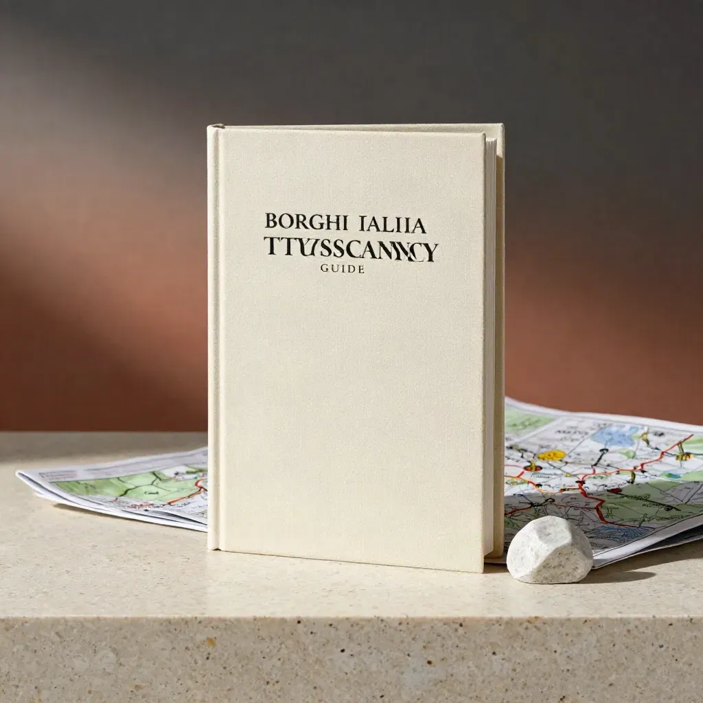 Libro guida crema della Toscana con mappa in lino e peso in pietra su fondo elegante.