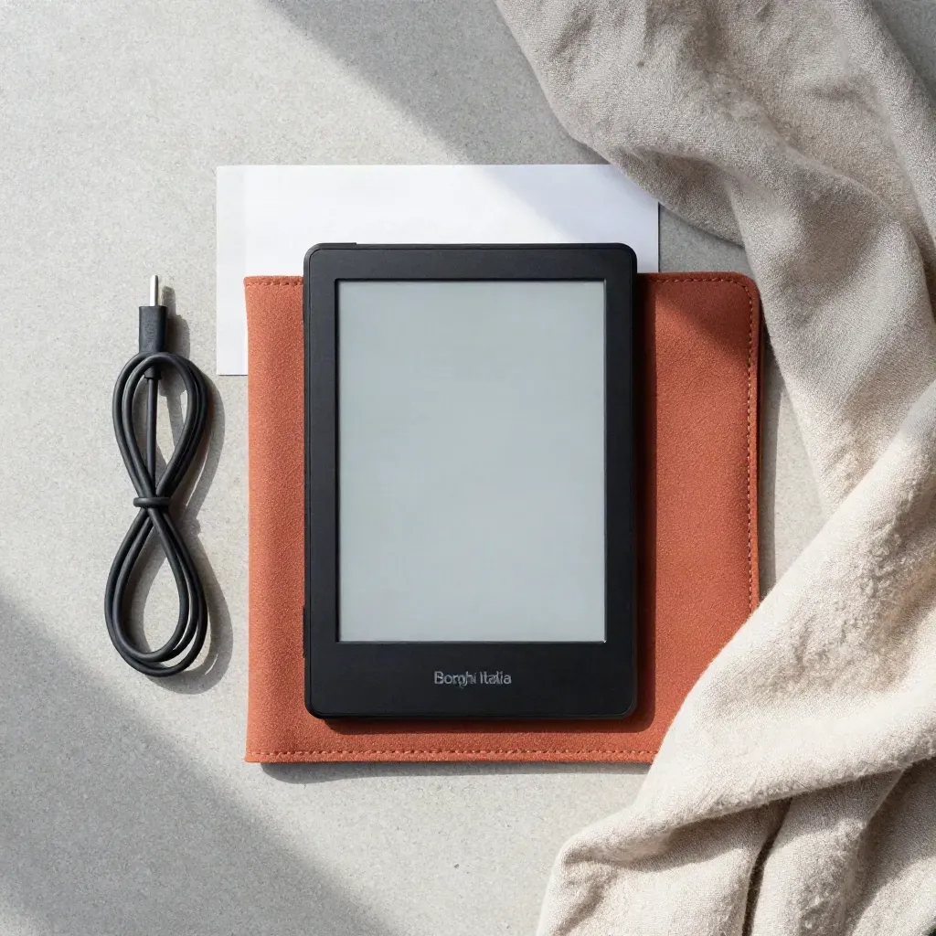 E-reader con cavo, custodia piegata e panno di lino su lastra di cemento